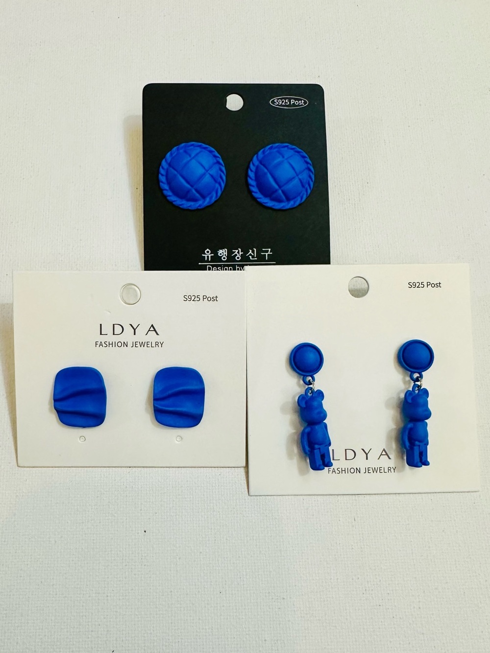 3-Pair Cobalt Blue Statement Stud & Dangle Earrings Bundle
